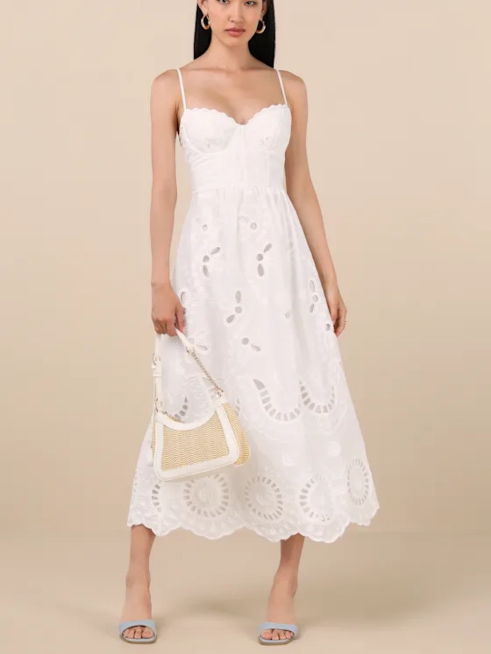 Lulu's White Eyelet Midi Dress with Scalloped Bodice
